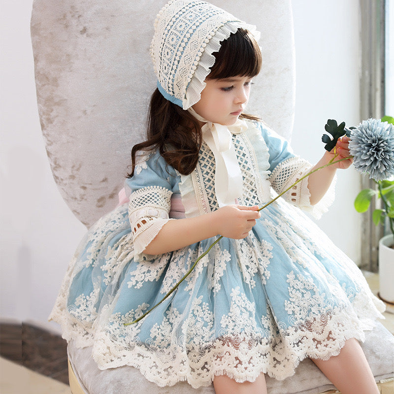 3Pc Stunning Vintage Style Lace Dress,Pink/Blue,12M to 6T.