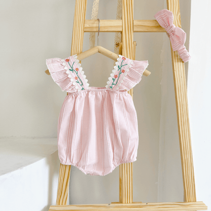 Cute Embroidered Romper,Pink,6M to 3T.