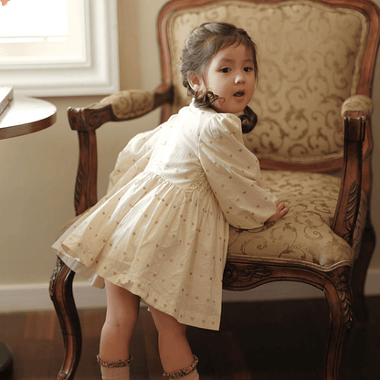 Beige Full Sleeves Hand Smocked Dress,12M to 10T