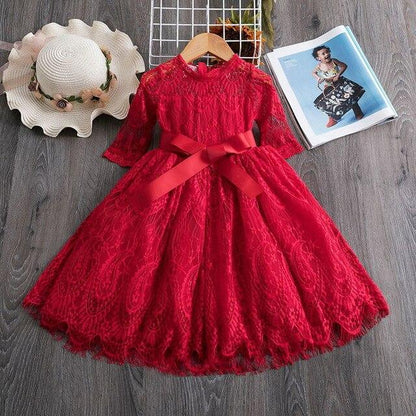 Girls Flower Red Lace Party Dress - Dream Town Store