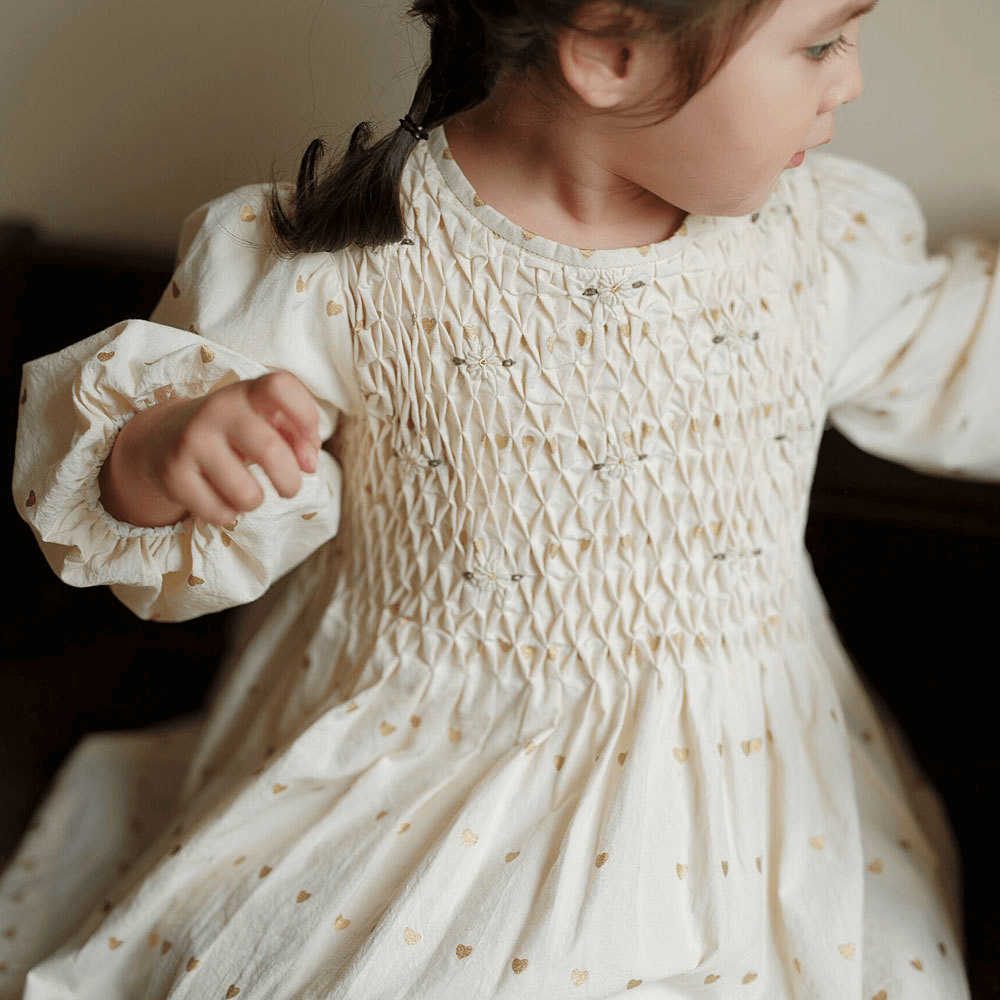 Beige Full Sleeves Hand Smocked Dress,12M to 10T