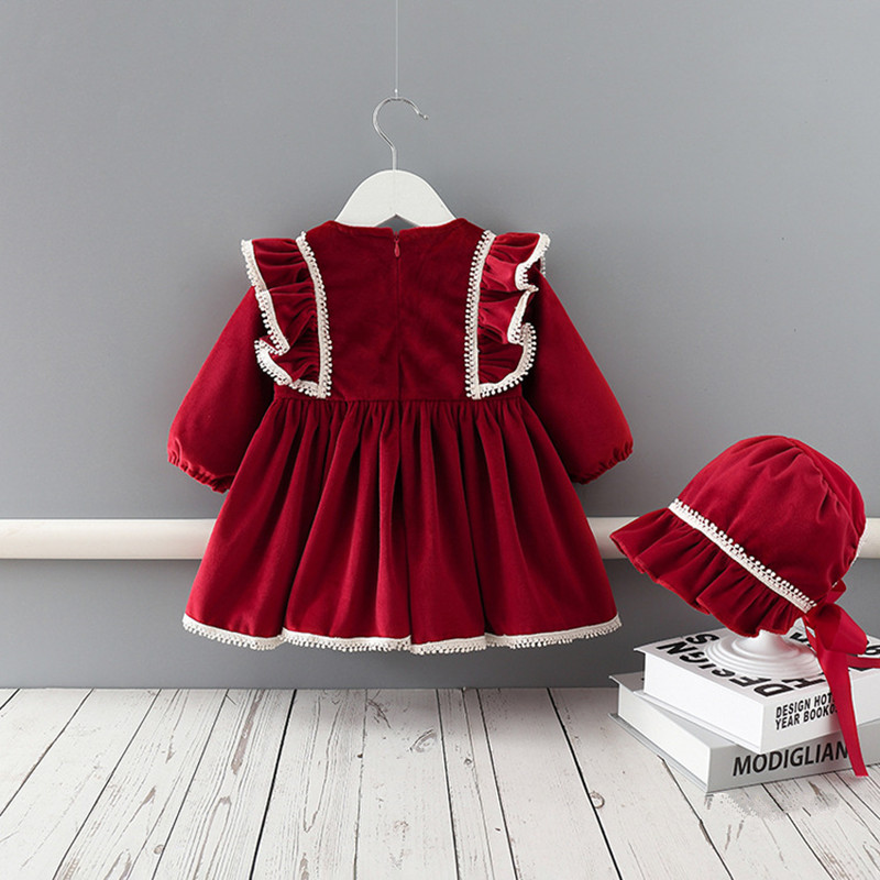 Cute Red Velvet Dress With Bonnet,6M to 4T.