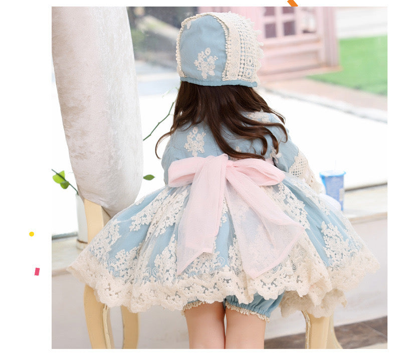 3Pc Stunning Vintage Style Lace Dress,Pink/Blue,12M to 6T.