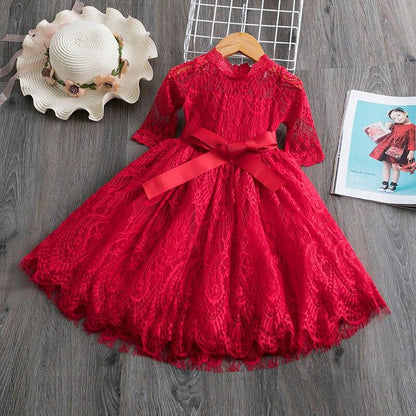 Girls Flower Red Lace Party Dress - Dream Town Store