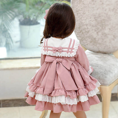 Spanish style Lolita Dress with bows, Pink/Blue, 12M to 5T.