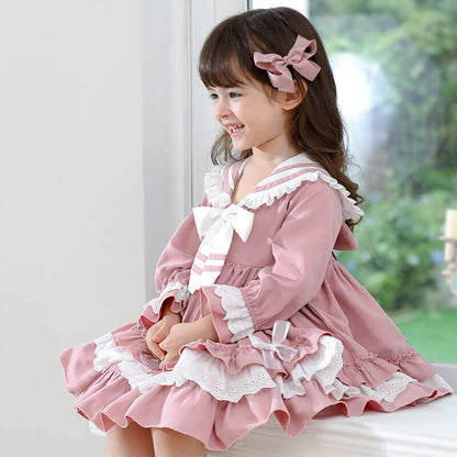 Spanish style Lolita Dress with bows, Pink/Blue, 12M to 5T.
