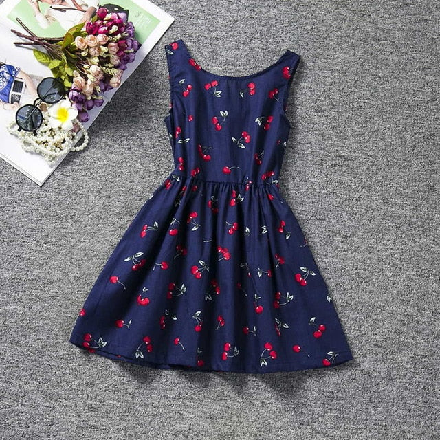 Summer Casual Dress, Berry Print, Navy Blue/White, Cotton Mix - Dream Town Store