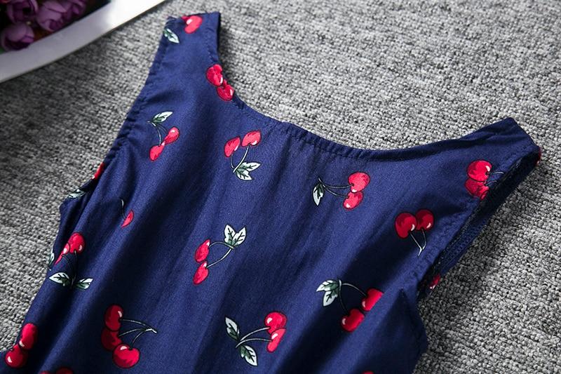 Summer Casual Dress, Berry Print, Navy Blue/White, Cotton Mix - Dream Town Store