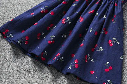 Summer Casual Dress, Berry Print, Navy Blue/White, Cotton Mix - Dream Town Store