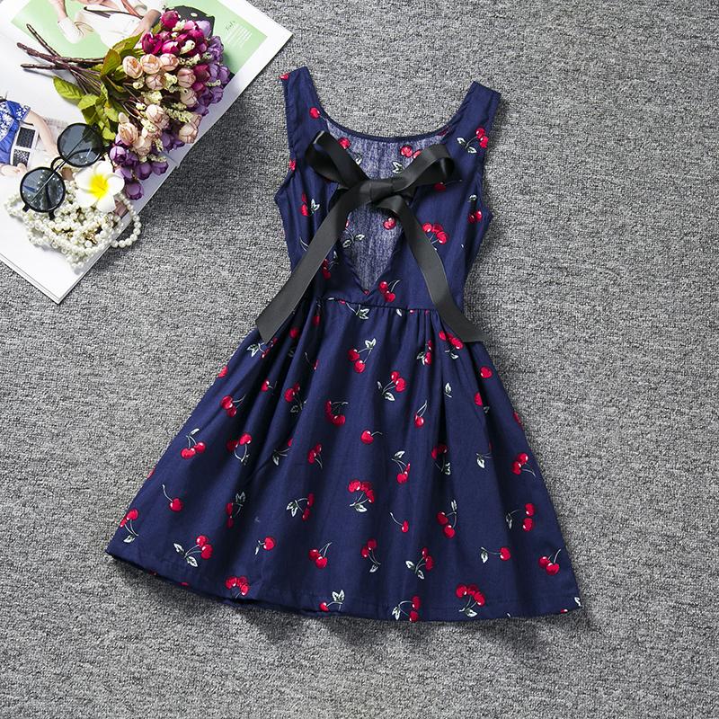 Summer Casual Dress, Berry Print, Navy Blue/White, Cotton Mix - Dream Town Store