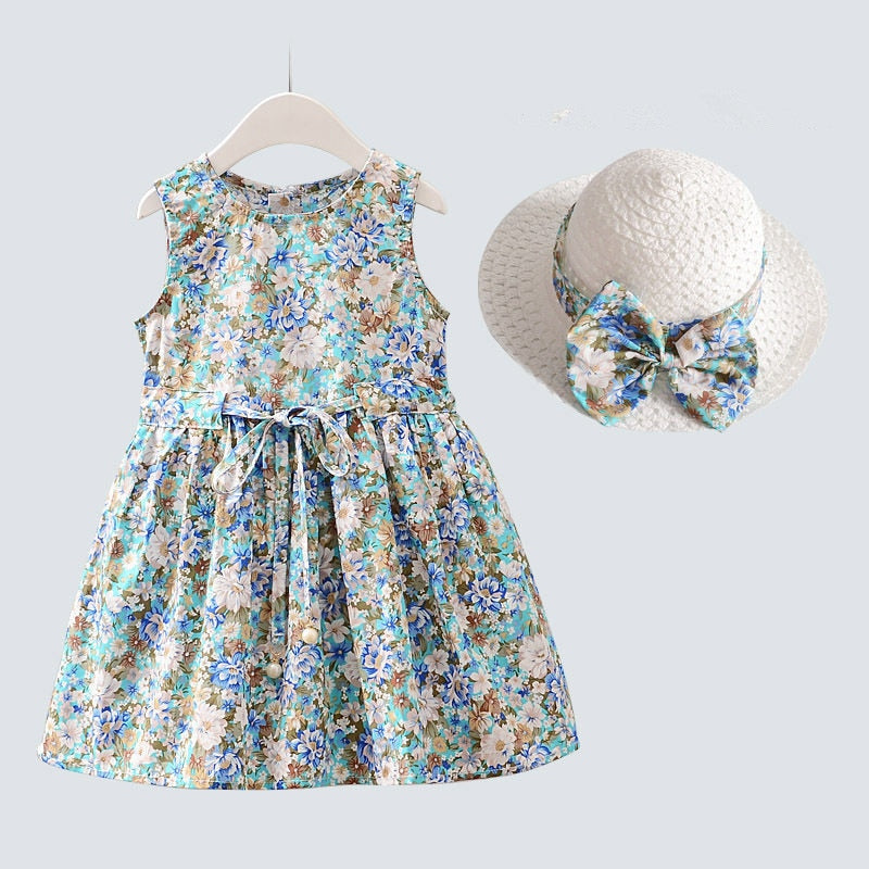Sleeveless Floral Dress With Hat, Pink/Blue,2T to 6T.