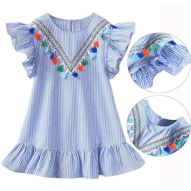 Tassel Flying Sleeve Dress, Blue, Cotton - Dream Town Store