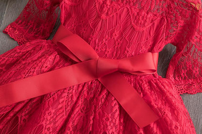 Girls Flower Red Lace Party Dress - Dream Town Store