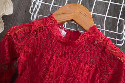 Girls Flower Red Lace Party Dress - Dream Town Store