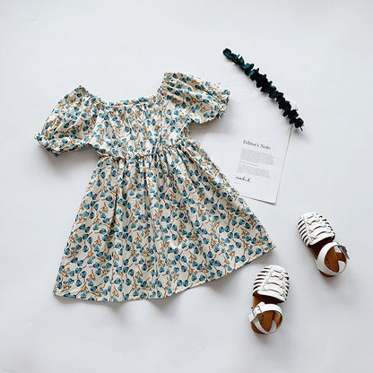 Floral Print Dress,Blue/Green, 2T to 7T.