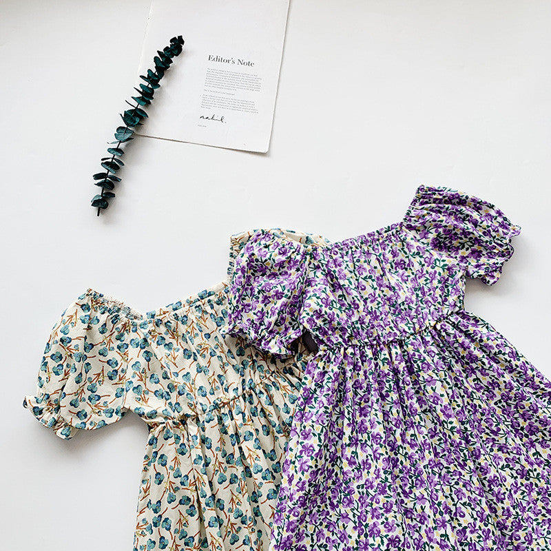 Floral Print Dress,Blue/Green, 2T to 7T.