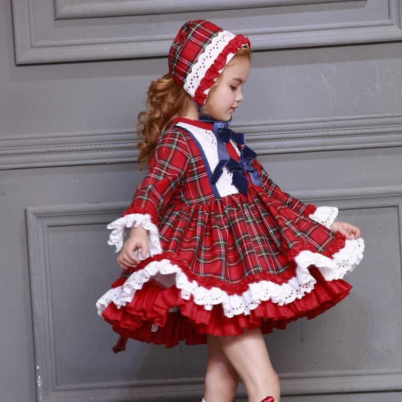 Red Plaid Vintage Spanish Dress with Hat & bloomers,12M to 12T.