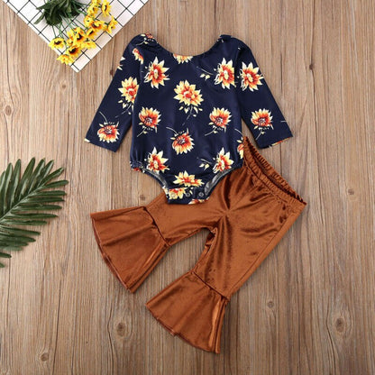 Floral Tops Romper & Velvet Long Pants,0 to 24 M.