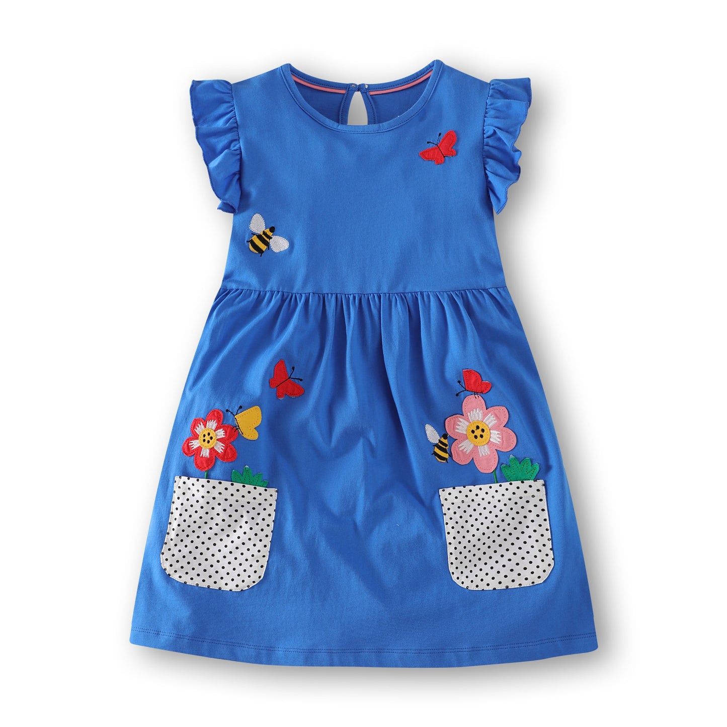 Cute Birds & Flowers Applique Dress, Cotton, 2-7Y