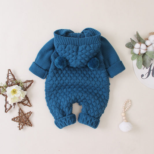 Children's Fur Ball Hooded Knitted One-piece Romper,6M to 24M.