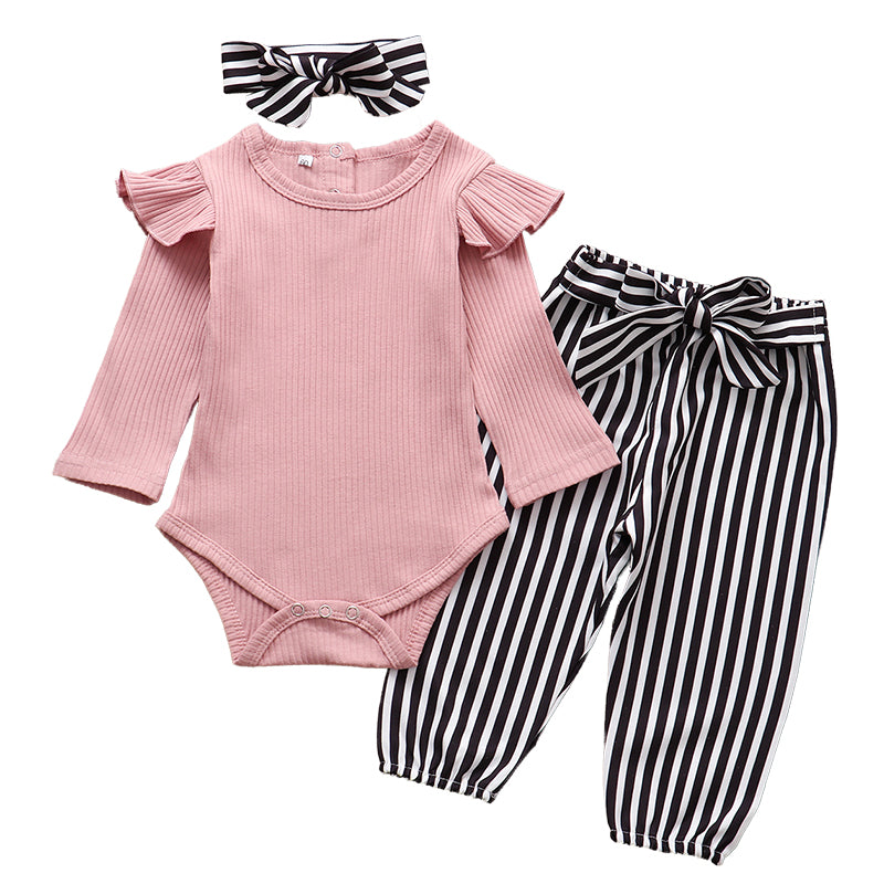 Ruffle Romper For Girls With Pants & Headband, Cotton, 3M to 24M. - Dream Town Store