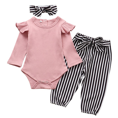 Ruffle Romper For Girls With Pants & Headband, Cotton, 3M to 24M. - Dream Town Store