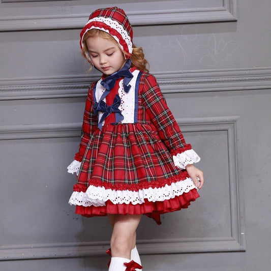 Red Plaid Vintage Spanish Dress with Hat & bloomers,12M to 12T.
