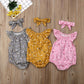 Sleeveless Floral Romper With Headband,Grey/Yellow/Pink,3M-18M.