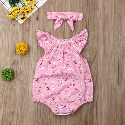 Sleeveless Floral Romper With Headband,Grey/Yellow/Pink,3M-18M.
