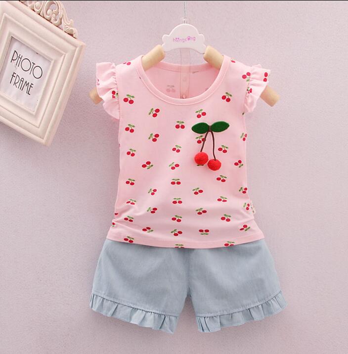 Cute Cherry Print Summer Top with Shorts,Pink/Yellow,1Y-4Y.