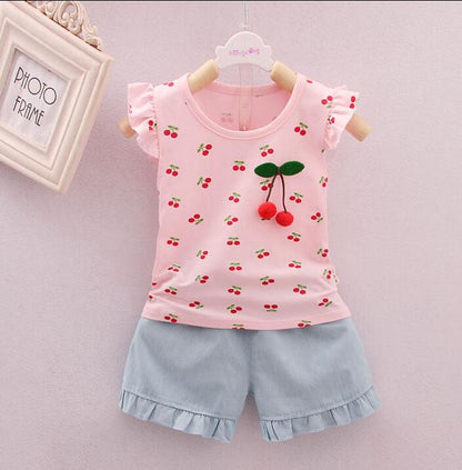 Cute Cherry Print Summer Top with Shorts,Pink/Yellow,1Y-4Y.