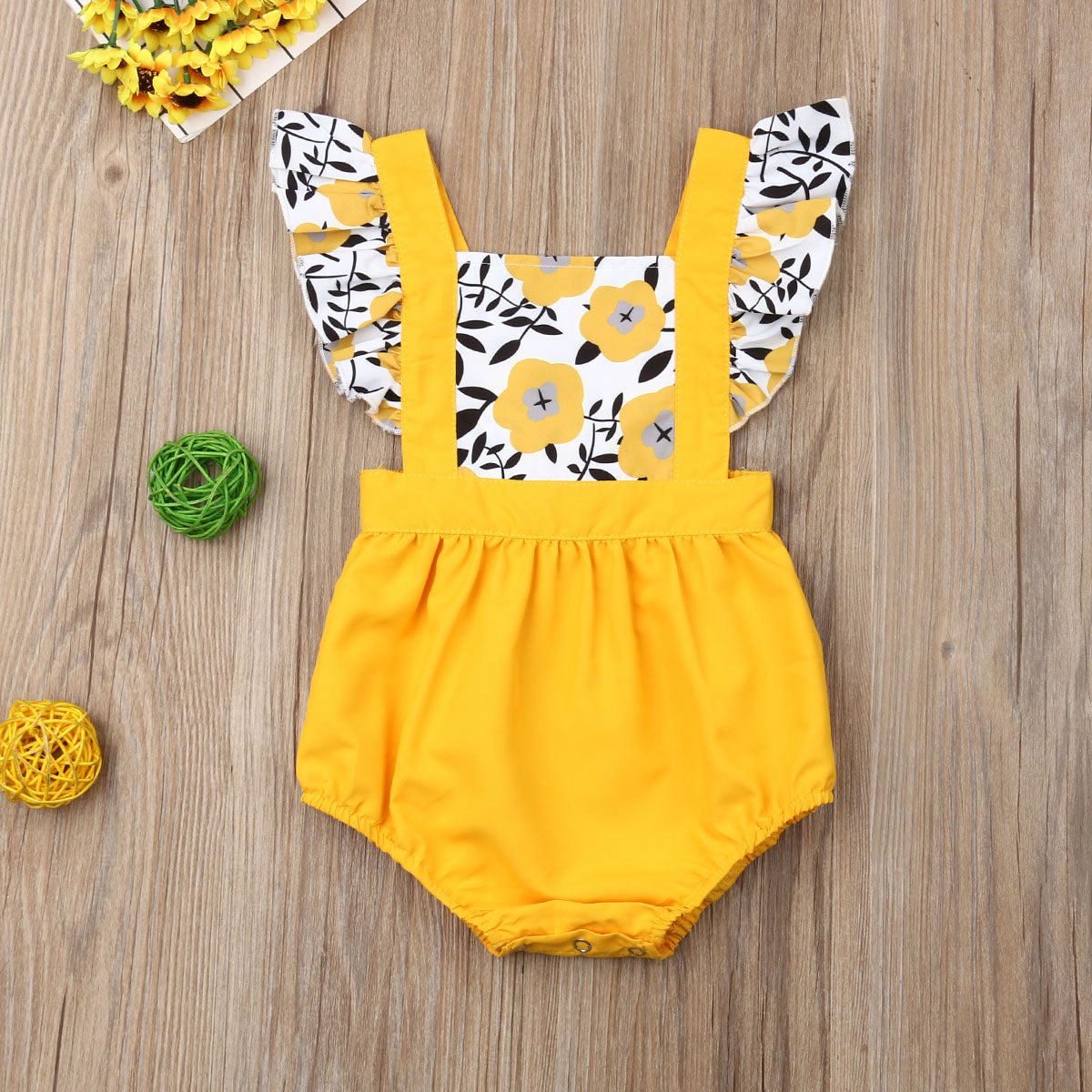 Fly Sleeve Sunflower Print Romper Jumpsuit, 6M to 24M.