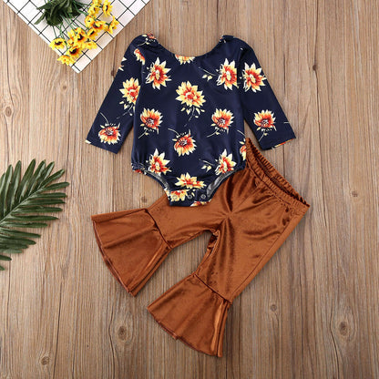 Floral Tops Romper & Velvet Long Pants,0 to 24 M.