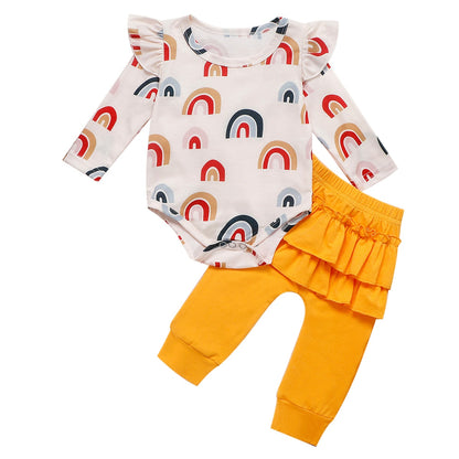 Rainbow Romper With Ruffled Pants, 6M to 24M.