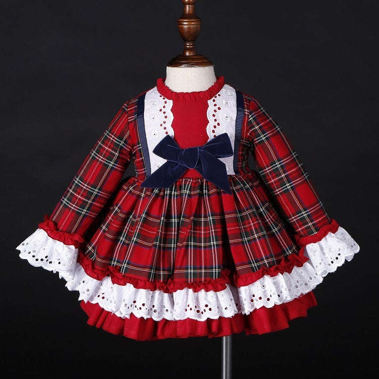 Red Plaid Vintage Spanish Dress with Hat & bloomers,12M to 12T.