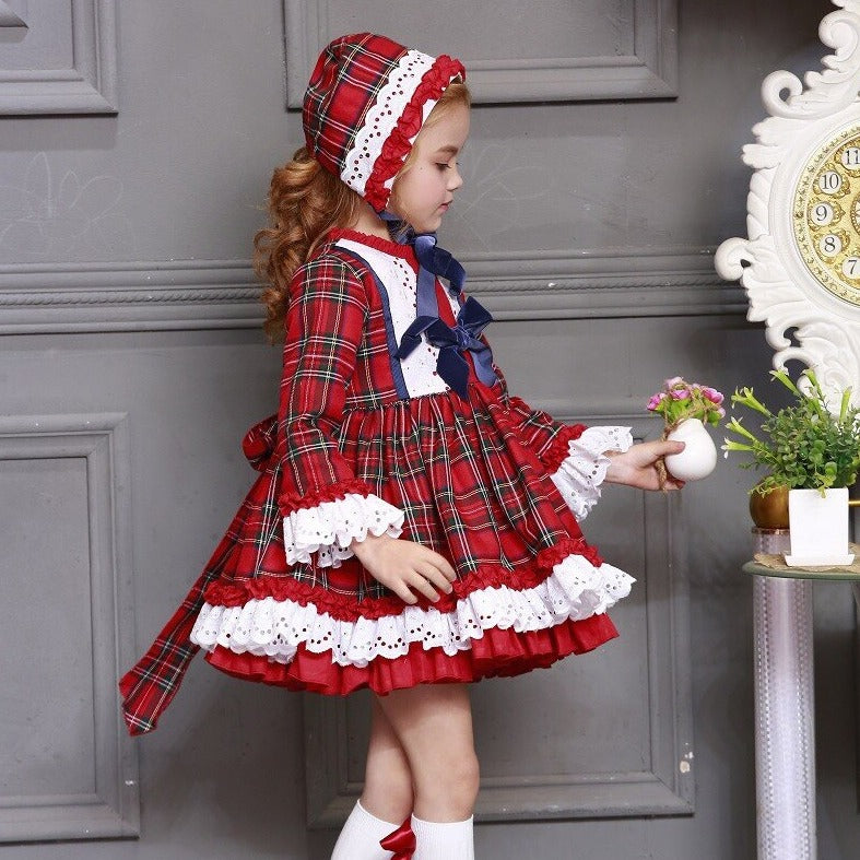 Red Plaid Vintage Spanish Dress with Hat & bloomers,12M to 12T.