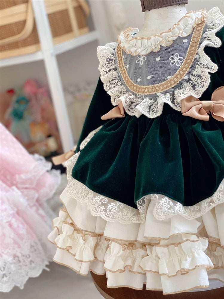 Velvet Vintage Spanish Dress, Green/Pink12M to 8T. 8T / Pink Velvet Vintage Spanish Dress, Green/Pink12M to 8T. 8T / Pink