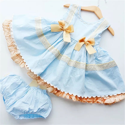 Sleeveless Blue Spanish Dress With Bows,12M to 9T
