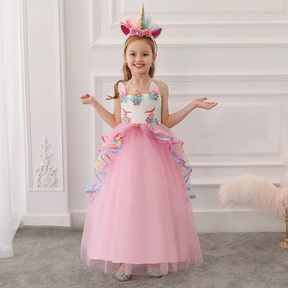 Unicorn Birthday Princess Dress With Headband,Pink/Purple,3T to 12T.