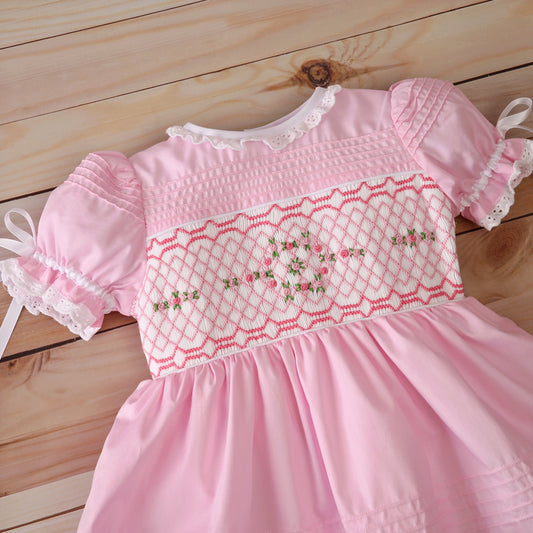 Pink Floral Geometric Hand Smocked Dress