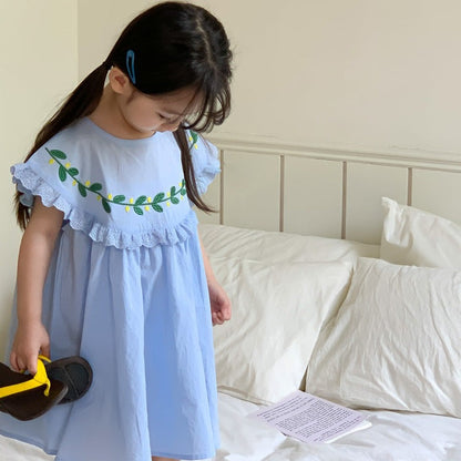 Cute Blue Embroidered Lace Dress,2T to 6T.