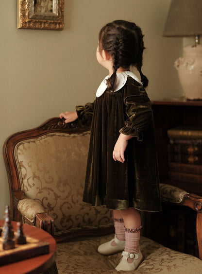 Olive Green Velvet  Dress,12M to 8T.