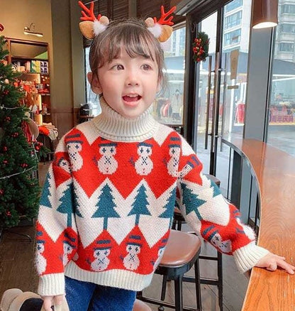 Christmas Theme Turtlenecks, Red/Beige,2T to 8T