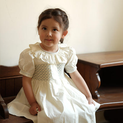Stunning Off-White Hand Smocked Dress,2T to 7T.