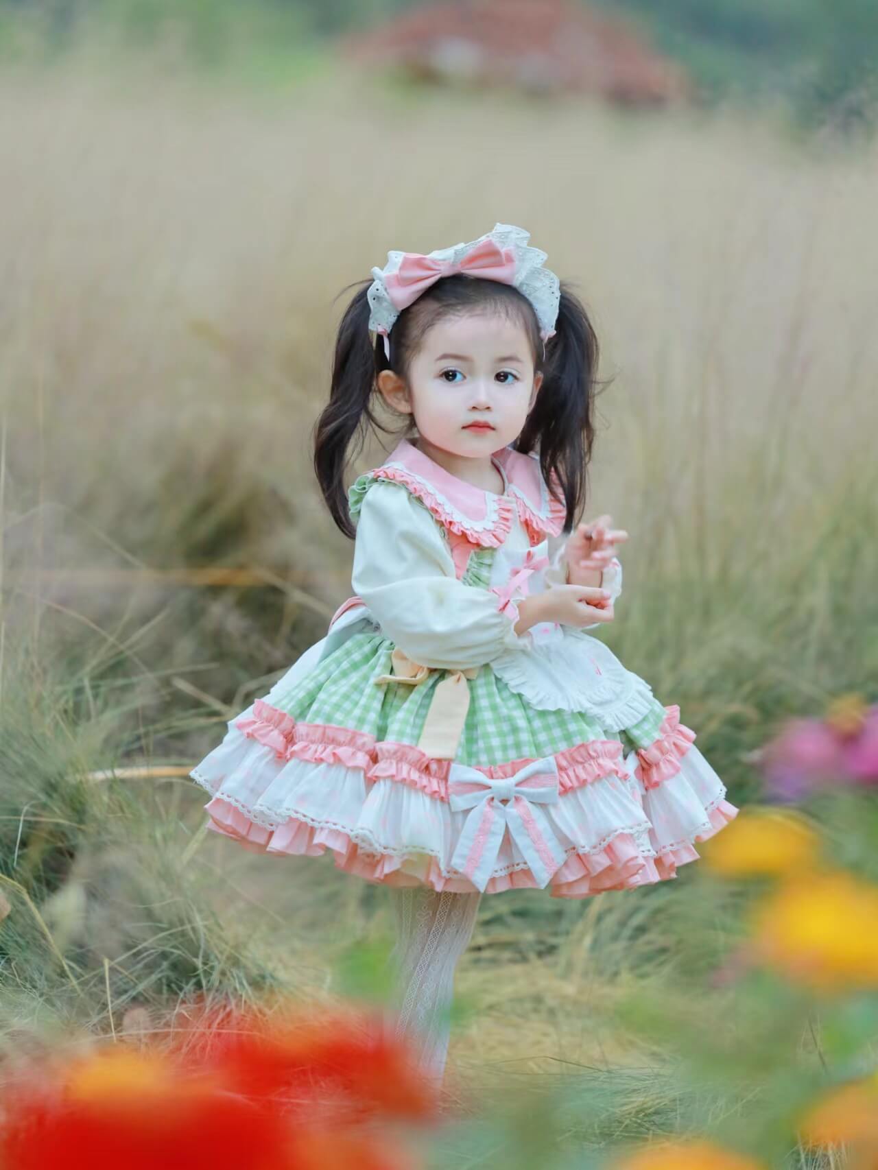 Beautiful Green & Pink Spanish Fluffy Dress,2T to 8T. Full Sleeves / 2T Beautiful Green & Pink Spanish Fluffy Dress,2T to 8T. Full Sleeves / 2T