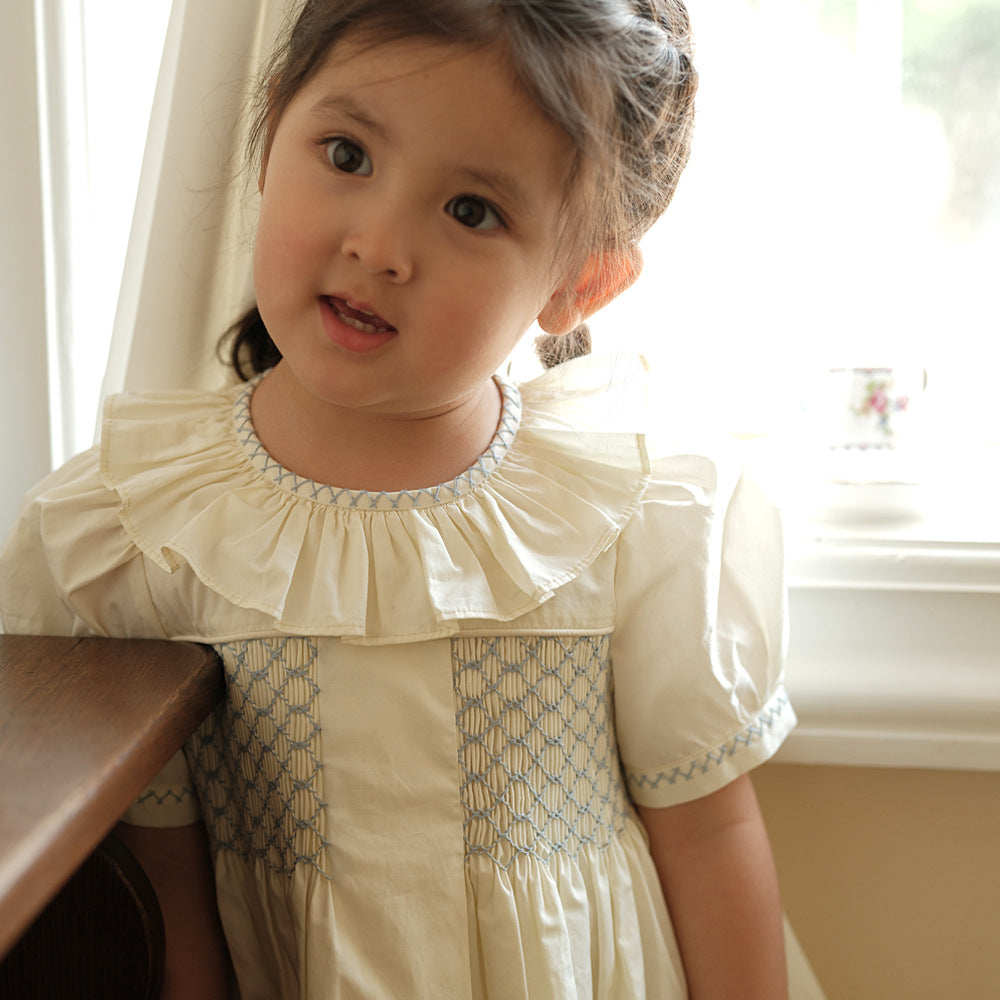 Stunning Off-White Hand Smocked Dress,2T to 7T.