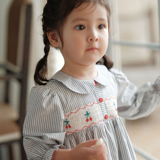 Stripped Cherries Smocked Dress,12M to 6T.