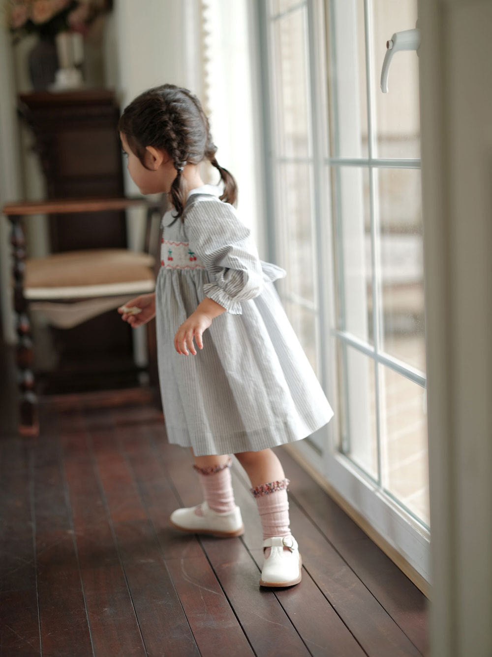 Stripped Cherries Smocked Dress,12M to 6T.