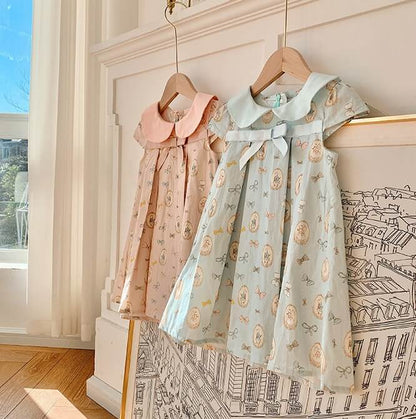 Adorable French Bow Knot Pleated Dress,2T to 7T.