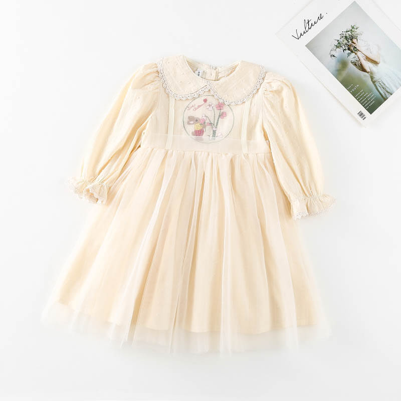 Beige Bunny Embroidered Easter Dress,2T to 7T.